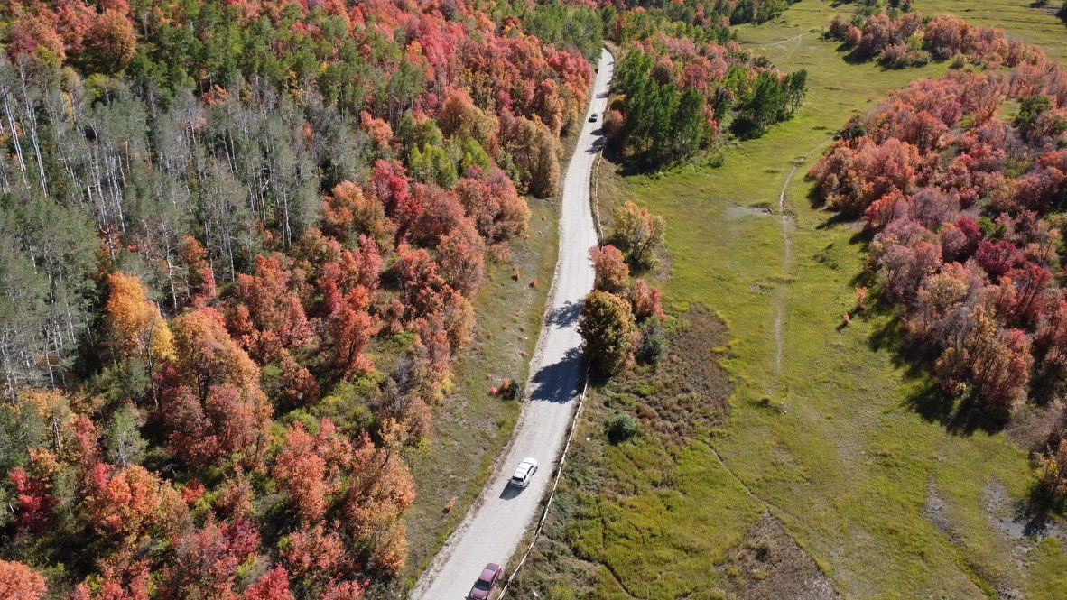 Aerial view of a dirt road winding through red and orange fall foliage
